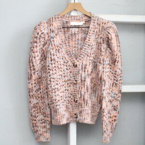ASTR Women's Pink Brown Knit Gramcacy Button-Up Puff Sleeve Cardigan Size Large